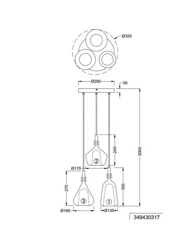Lámpara de techo con plafón, 3 pantallas de vidrio, ALDEA bombillas excl. 3x E14 max. 10W IP20