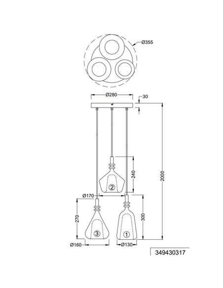 Lámpara de techo con plafón, 3 pantallas de vidrio, ALDEA bombillas excl. 3x E14 max. 10W IP20