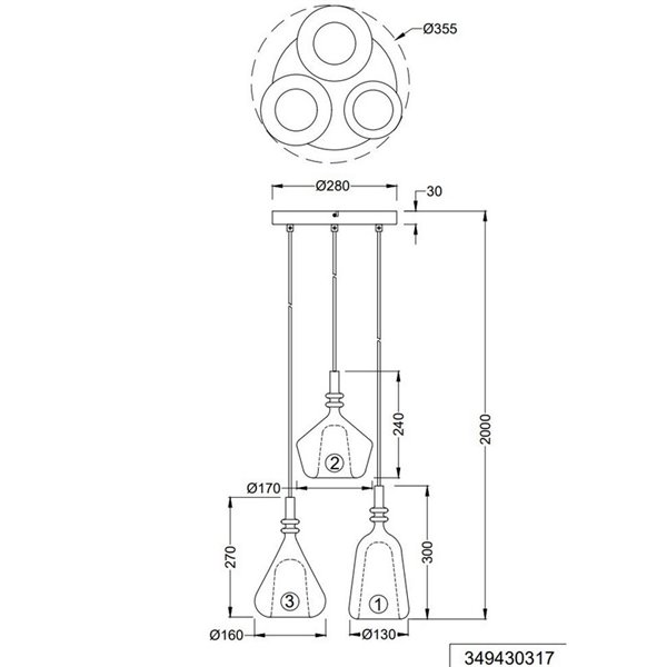 Lámpara de techo con plafón, 3 pantallas de vidrio, ALDEA bombillas excl. 3x E14 max. 10W IP20