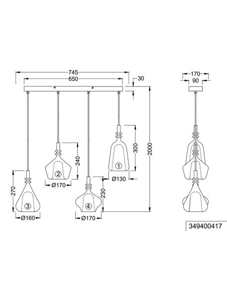 Suspension ALDEA avec 4 abat-jours en verre fumé, ampoules non fournies. 4x E14 max. 10W, IP20