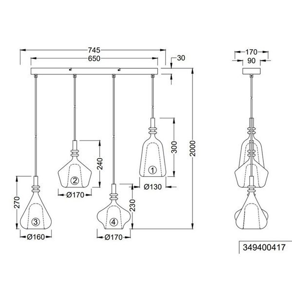 Suspension ALDEA avec 4 abat-jours en verre fumé, ampoules non fournies. 4x E14 max. 10W, IP20