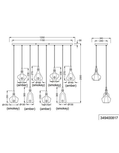 Lámpara de techo ALDEA 8 pantallas, diferentes alturas, vidrio ahumado, bombillas excl. 8x E14 max. 10W IP20