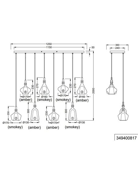 Plafonnier ALDEA avec 8 abat-jours, différentes hauteurs, verre fumé, ampoules non fournies: 8xE14 max. 10W IP20