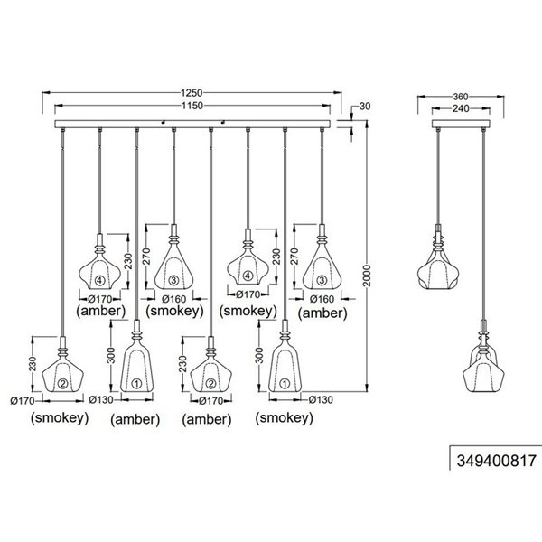 Lámpara de techo ALDEA 8 pantallas, diferentes alturas, vidrio ahumado, bombillas excl. 8x E14 max. 10W IP20