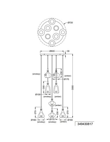 Lámpara de techo con plafón ALDEA 8 pantallas, vidrio ahumado, bombillas excl. 8x E14 max. 10W IP20