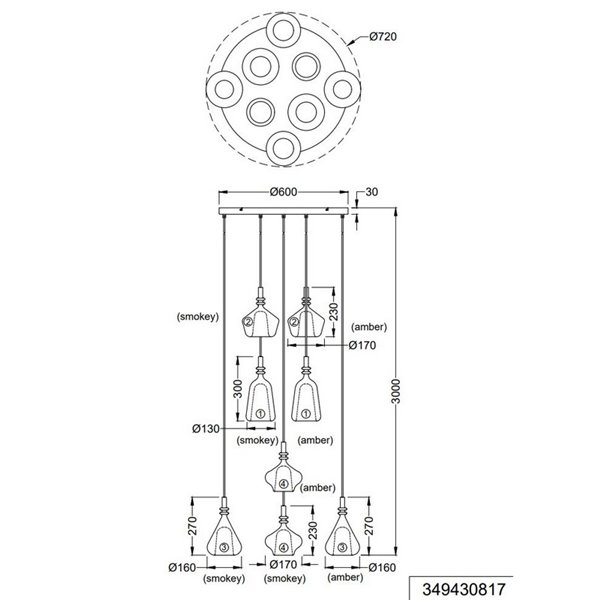 Lámpara de techo con plafón ALDEA 8 pantallas, vidrio ahumado, bombillas excl. 8x E14 max. 10W IP20