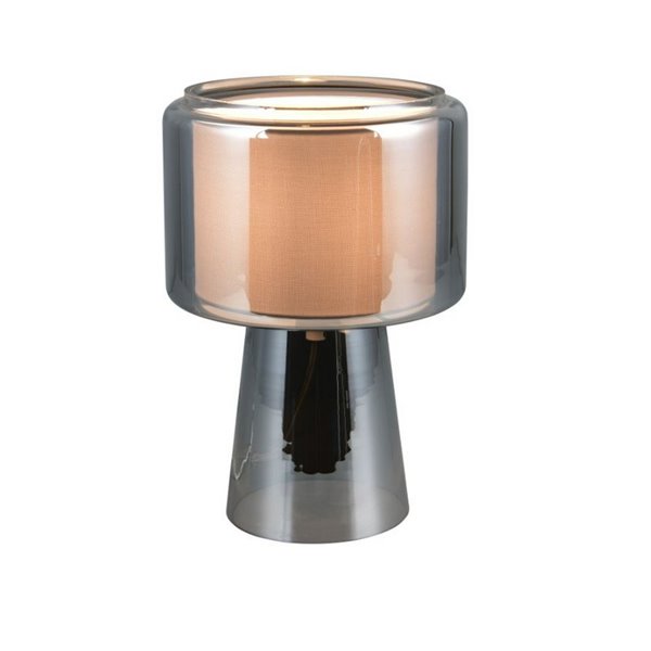 Luminária de mesa em vidro fumê com cúpula têxtil ROCKA, lâmpada excluindo 1x E14 máx. 10W, acabamento cromado IP20.