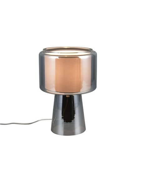 Luminária de mesa em vidro fumê com cúpula têxtil ROCKA, lâmpada excluindo 1x E14 máx. 10W, acabamento cromado IP20.