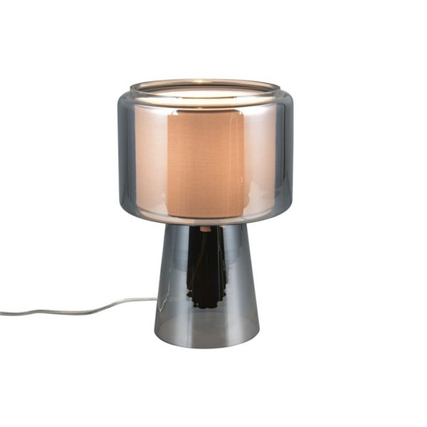 Lampe de table en verre fumé avec abat-jour textile ROCKA, ampoule hors 1x E14 max. 10W, finition chromée IP20.