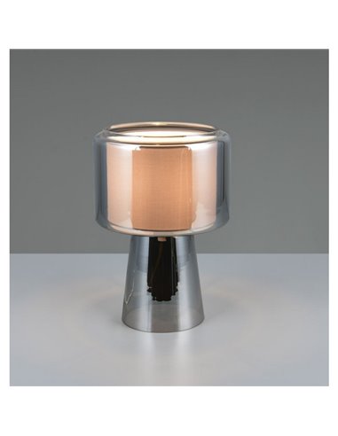 Luminária de mesa em vidro fumê com cúpula têxtil ROCKA, lâmpada excluindo 1x E14 máx. 10W, acabamento cromado IP20.