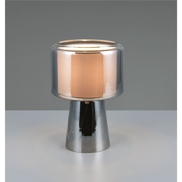 Luminária de mesa em vidro fumê com cúpula têxtil ROCKA, lâmpada excluindo 1x E14 máx. 10W, acabamento cromado IP20.