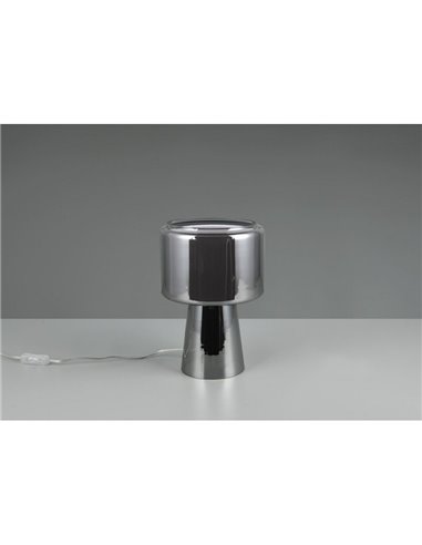 Luminária de mesa em vidro fumê com cúpula têxtil ROCKA, lâmpada excluindo 1x E14 máx. 10W, acabamento cromado IP20.