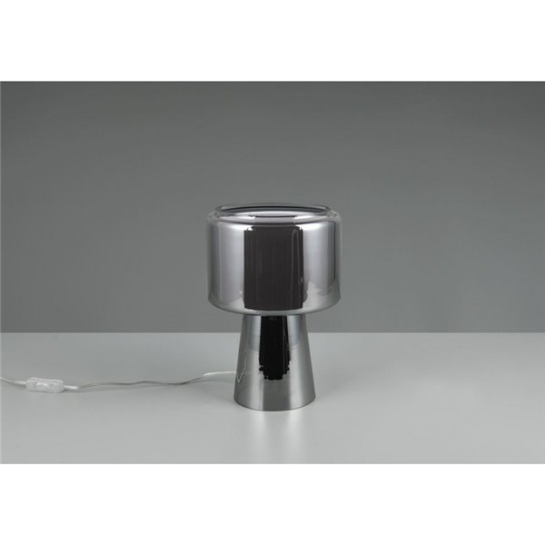 Luminária de mesa em vidro fumê com cúpula têxtil ROCKA, lâmpada excluindo 1x E14 máx. 10W, acabamento cromado IP20.