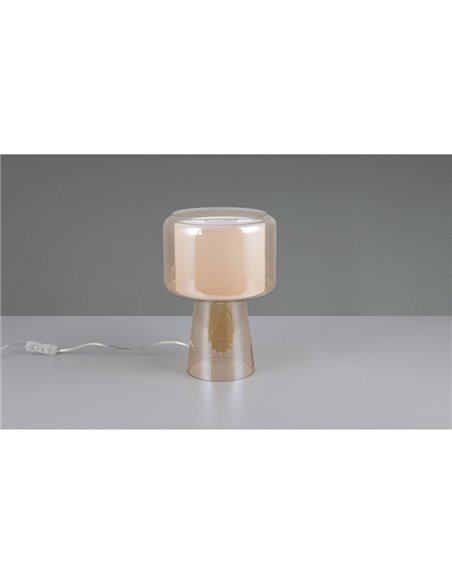 Candeeiro de mesa com cúpula têxtil ROCKA, vidro fumê, lâmpada excl. 1x E14 máx. 10W IP20 Âmbar