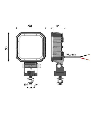 Medidas Faro de marcha atrás LED CARBONLUX R23 cuadrado 9W 1000Lm con interruptor 10–30V IP69K | Homologado AR R10