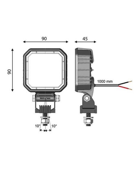 Medidas Faro de marcha atrás LED CARBONLUX R23 cuadrado 9W 1000Lm con interruptor 10–30V IP69K | Homologado AR R10