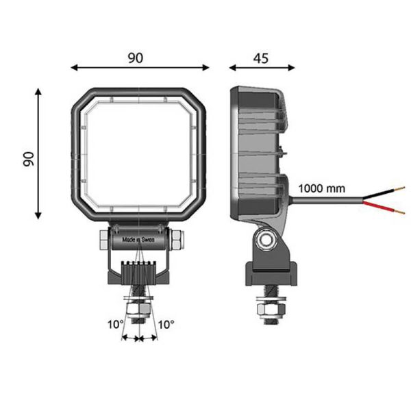 Medidas Faro de marcha atrás LED CARBONLUX R23 cuadrado 9W 1000Lm con interruptor 10–30V IP69K | Homologado AR R10