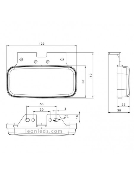 Medidas Luz de gálibo LED FT-080 + K LED 12–36V con intermitente lateral, reflector y soporte angular | Homologada 5 IA SM1 R10