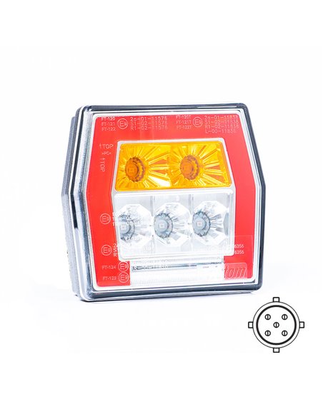 Lanterna traseira LED com luz de placa FT-121 T LED BAJONET 5 pinos, 4 funções 12-36V, E9 11838 S1 R1 L 2a