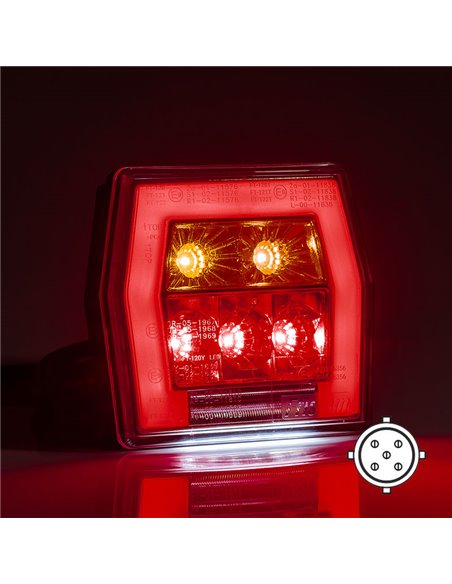 Piloto trasero LED con luz de matrícula FT-121 T LED BAJONET 5 pin, 4 funciones 12-36V, E9 11838 S1 R1 L 2a