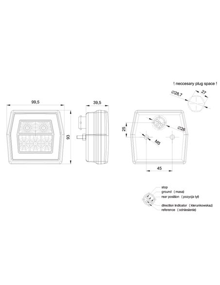 Lanterna traseira LED com luz de placa FT-121 T LED BAJONET 5 pinos, 4 funções 12-36V, E9 11838 S1 R1 L 2a