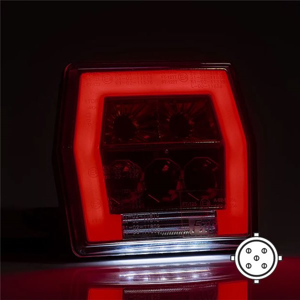 Piloto trasero LED con luz de matrícula FT-122 T BAJONET 5 PIN, 4 func. 12–36V, E9 S1 R1 L 2a, difusor rojo stop