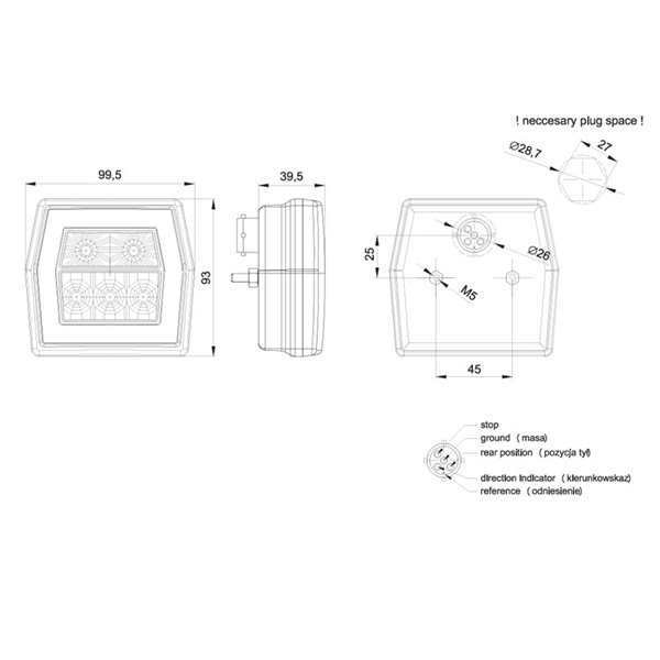 Feu arrière LED pour plaque d'immatriculation FT-122 T BAJONET 5 PIN, 4 f. 12–36 V, E9 S1 R1 L 2a, diff. rouge stop
