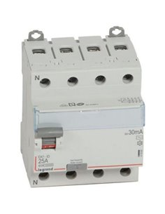 Interruptor diferencial DX³ tetrapolar (4P), 25 A, 30 mA, Legrand 411660E, tipo AC, 400 V
