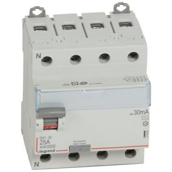 Interruptor diferencial DX³ tetrapolar (4P), 25 A, 30 mA, Legrand 411660E, tipo AC, 400 V