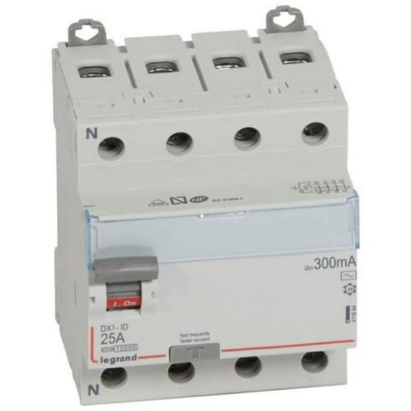 Interruptor diferencial 4P 25 A 300 mA tipo AC Legrand DX³, 400 V, 4 módulos DIN, 411664E
