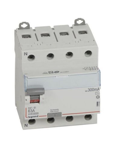 Interruptor diferencial Legrand DX³-ID 411666E, tetrapolar (4P), 63 A, 300 mA, tipo AC, 400 V