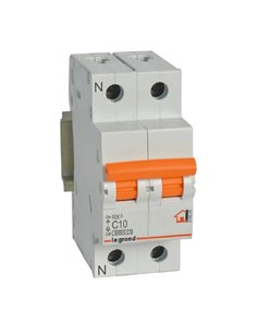 Interruptor magnetotérmico Legrand RX³ 419925, unipolar + neutro (1P+N), 10 A, 230 V, curva C, 6 kA, 2 módulos DIN