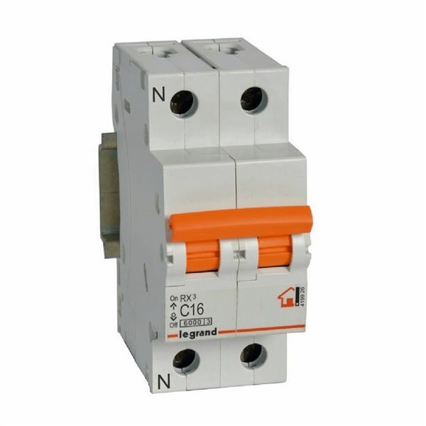 Magnetotérmico vivienda Legrand RX³ 419926, unipolar + neutro (1P+N), 16 A, curva C, 230 V, 6 kA, 2 módulos DIN