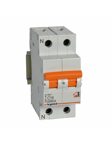 Interrupteur magnétothermique de boîtier Legrand RX³ 419926E, 1P+N, 16 A, courbe C, 6 kA, 230 V, 2 modules DIN