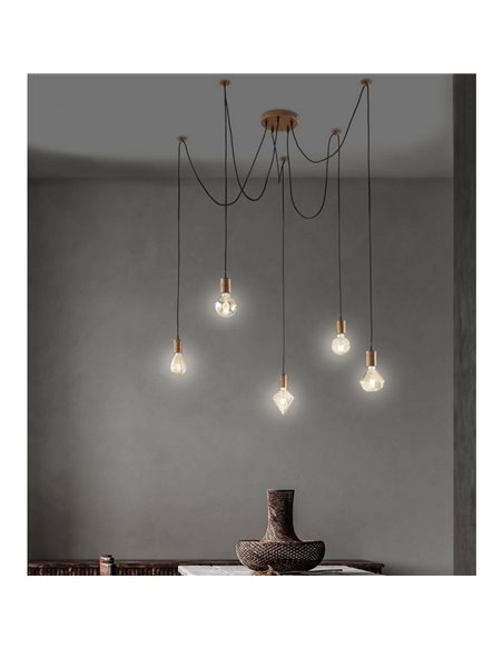 Candeeiro de teto vintage de cobre antigo com 5 braços