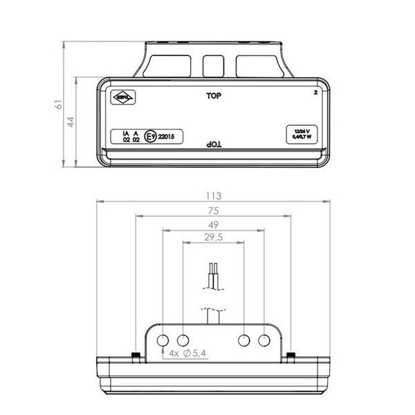 Feu de gabarit à LED avec support ultra-fin, blanc, ambre et rouge, 12/24 V, homologué IP68 IA R1 A SM1