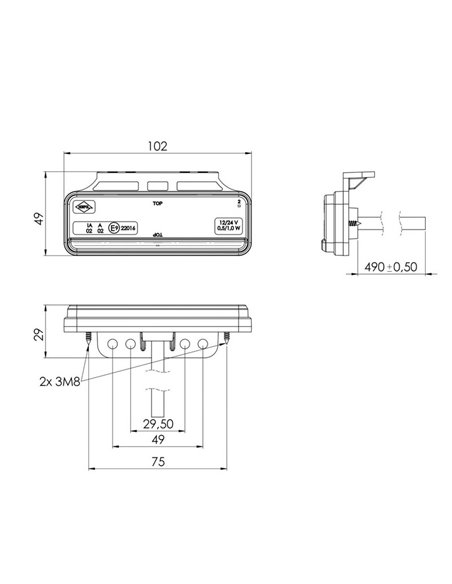 Feu de gabarit à LED avec support et réflecteur, blanc, ambre et rouge, 12/24 V IP68 ultra-mince, homologué IA R1 A SM1