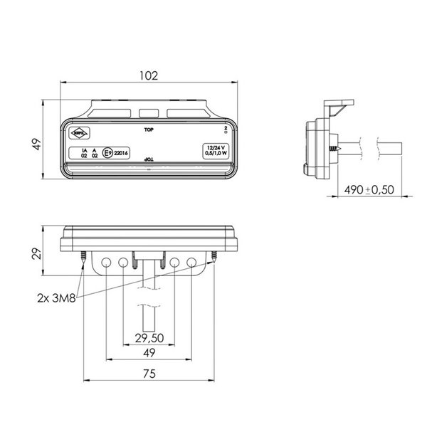 Feu de gabarit à LED avec support et réflecteur, blanc, ambre et rouge, 12/24 V IP68 ultra-mince, homologué IA R1 A SM1