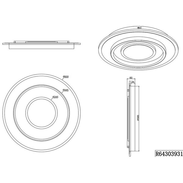 Plafonnier LED rond Ø60cm 55W 6400lm, dimmable 2700-6000K veilleuse et mémoire IP20