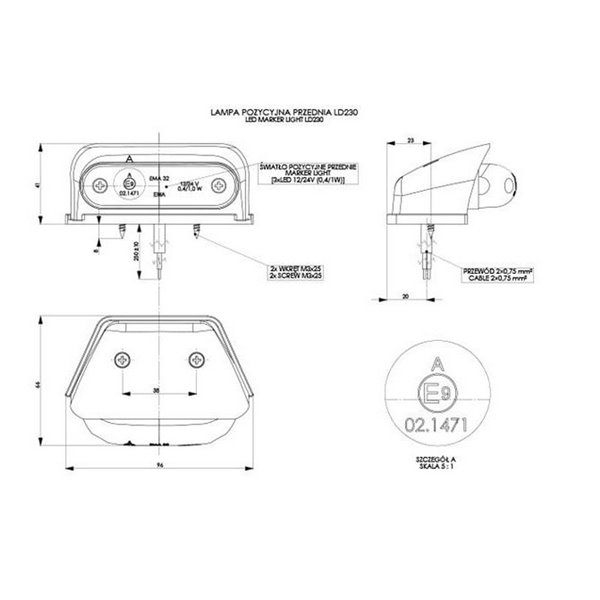 Luz de gálibo LED ovalada, de esquina 12/24V blanco, ámbar, rojo, IP68 homologado R1 A SM1