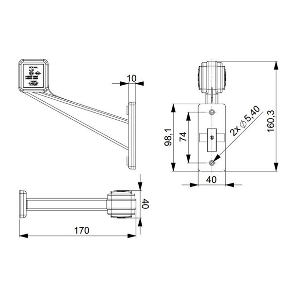 Buzina LED, braço longo, 12/24V, IP68, direita e esquerda, aprovada A R1