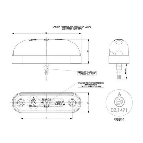 Piloto de gálibo LED ovalado, blanco, ámbar, rojo 12/24V IP68 A
