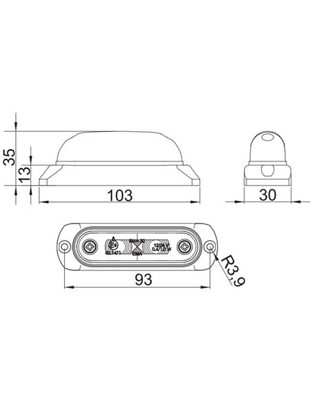 Piloto de gálibo LED ovalado con soporte de goma 12/24V IP68 homologado R1 A SM1
