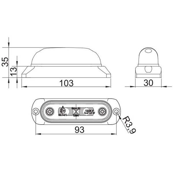 Piloto de gálibo LED ovalado con soporte de goma 12/24V IP68 homologado R1 A SM1