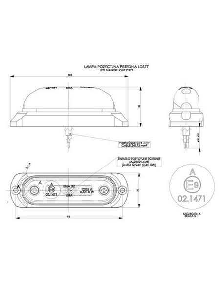 Feu de gabarit ovale à LED avec support en caoutchouc 12/24 V homologué IP68 R1 A SM1