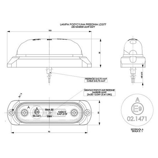 Piloto de gálibo LED ovalado con soporte de goma 12/24V IP68 homologado R1 A SM1