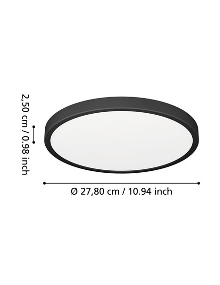 Plafón de techo LED redondo negro FUEVA 6, potente 14,2W 1800Lm CCT (2700K-4000K-6500K), Ø280mm, IP44