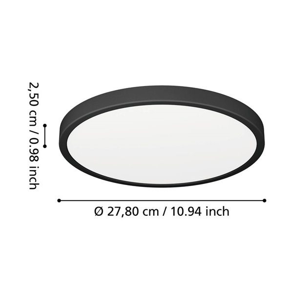 Plafón de techo LED redondo negro FUEVA 6, potente 14,2W 1800Lm CCT (2700K-4000K-6500K), Ø280mm, IP44