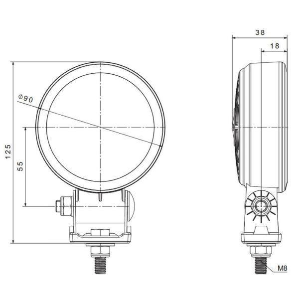 Medidas Faro LED de trabajo FT-365 LED SLIM 1600Lm largo alcance 12–36V | Redondo | IP69K | Cable 1,5 m | Homologado EMC R10