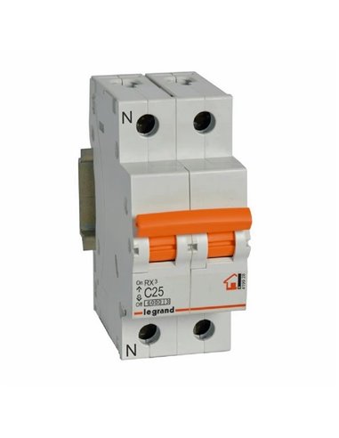 RX³ Legrand 1P+NG (neutro à esquerda) 25 A curva C 6 kA invólucro interruptor magnetotérmico
